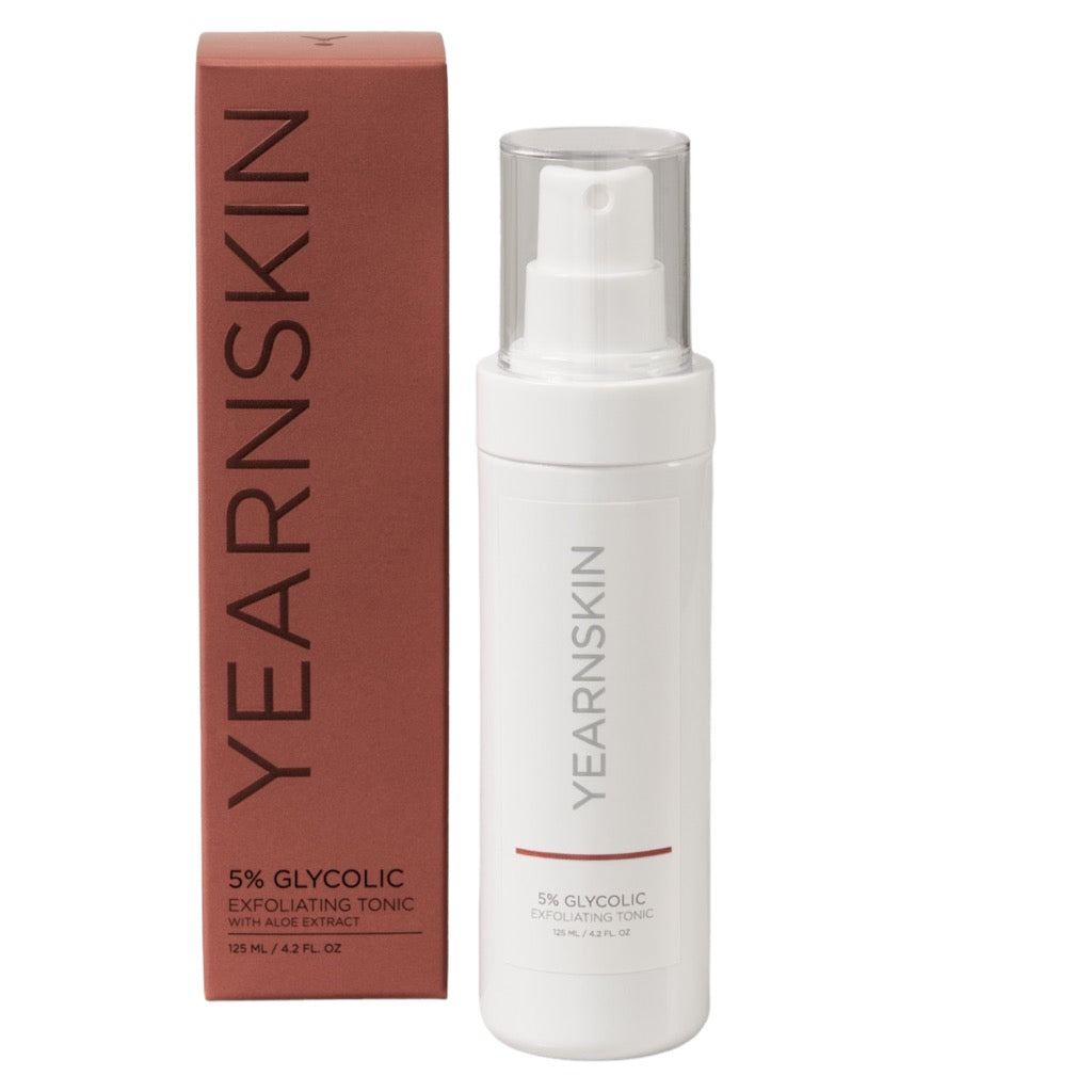 YearnSKin glycolic toner and mild exfoliant. White bottle