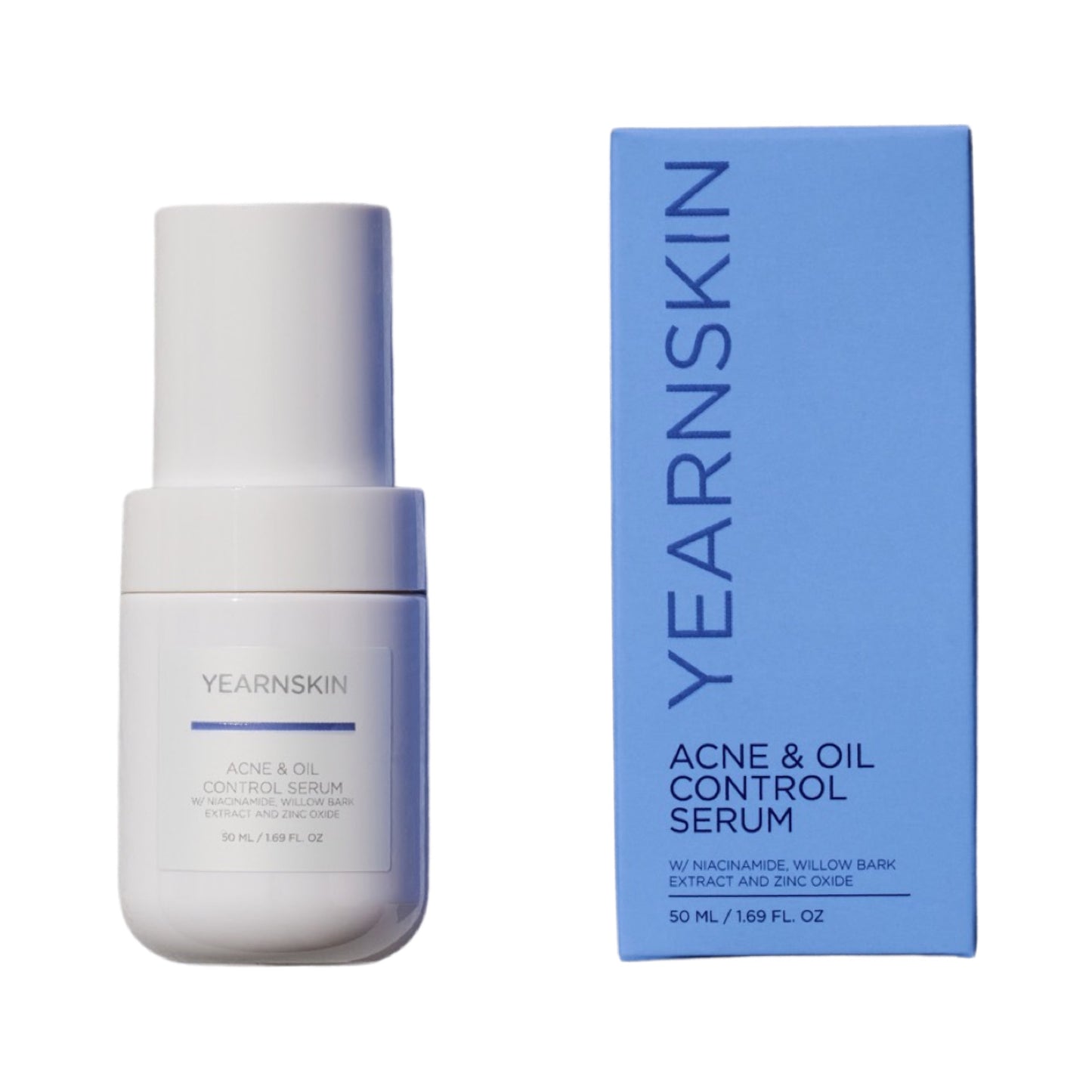 YearnSKin acne and oil control serum for breakout skin. Small white bottle.