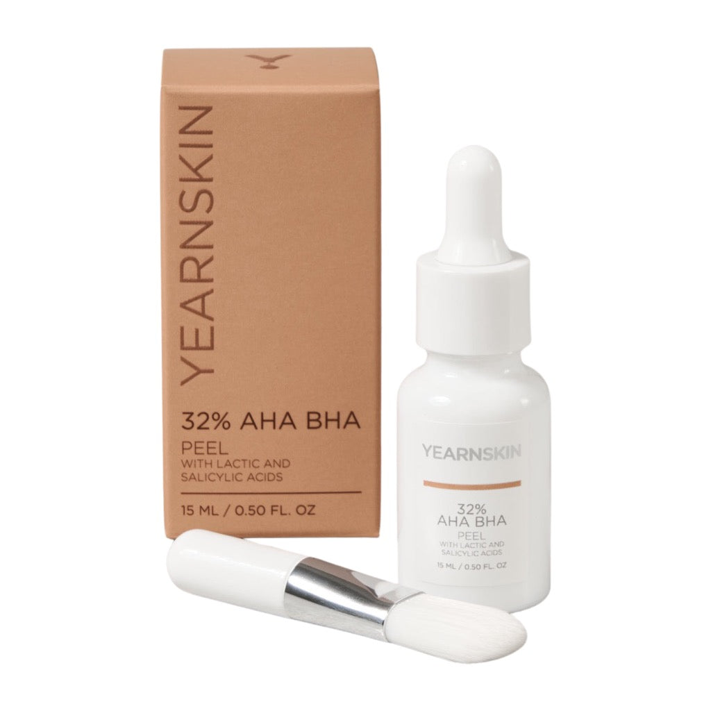 YearnSKin aha bha exfoliating peel. Small white bottle with application brush